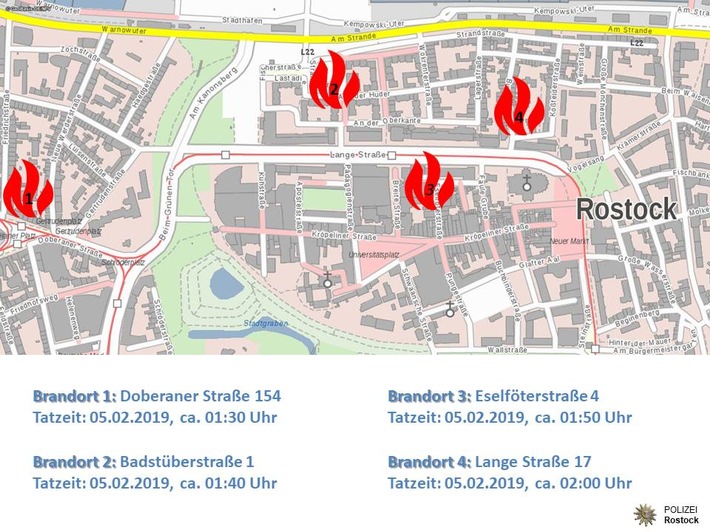 POL-HRO: Mehrere Brände in Rostocks Innenstadt - Polizei geht von Brandstiftung aus