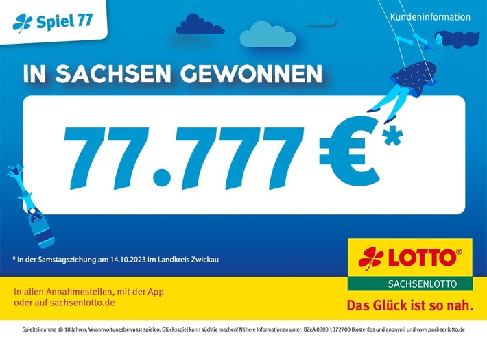 Erneut bei Spiel 77 gewonnen: 77.777 Euro gehen in den Landkreis Zwickau