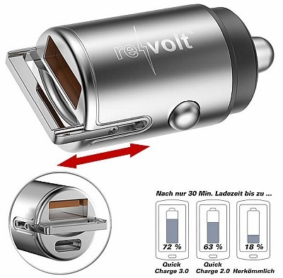 Schnelles Aufladen von 2 mobilen Geräten im Kfz: revolt Micro-Kfz-Schnell-Ladegerät mit USB-C PD & USB-A QC, bis 65 Watt