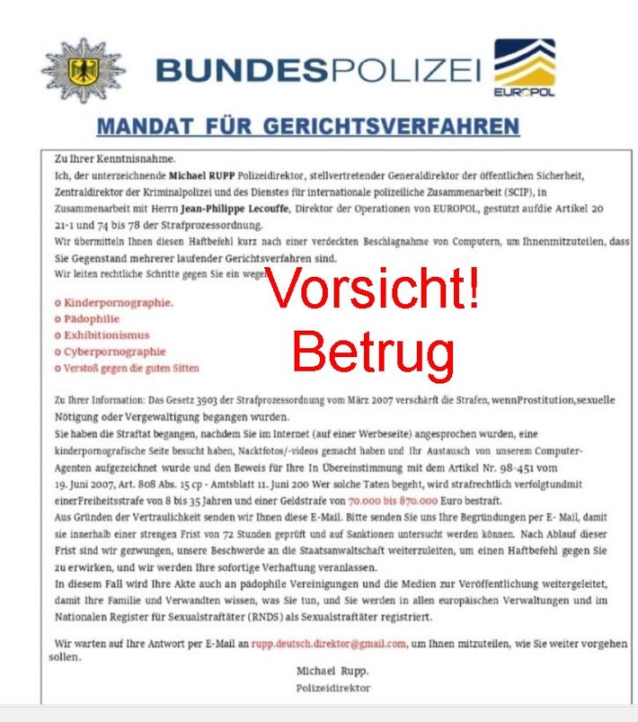 POL-KB: Landkreis Waldeck-Frankenberg - Vorsicht Betrug: Polizei warnt vor gefälschten Mails im Namen der Bundespolizei