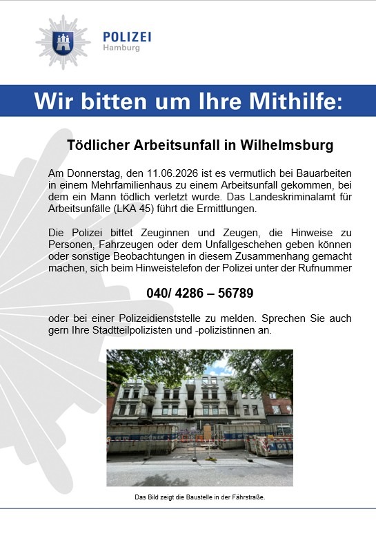 POL-HH: 260716-1. Tödlicher Arbeitsunfall in Hamburg-Wilhelmsburg und Auffinden eines Leichnams in Hamburg-Rissen - Zeugenaufruf