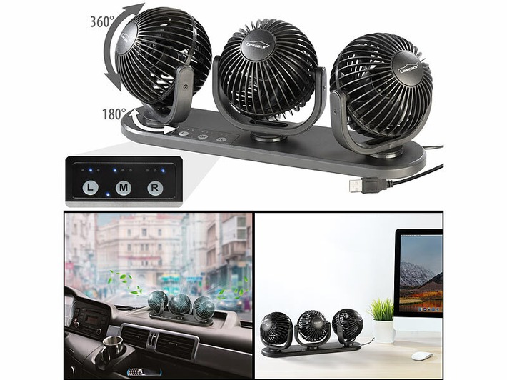 Angenehme Luftzirkulation im Auto an Sommertagen: Lescars Kfz-Dreifach-Ventilator VT-80.car mit USB-Anschluss, 3 Stufen, 360° verstellbar