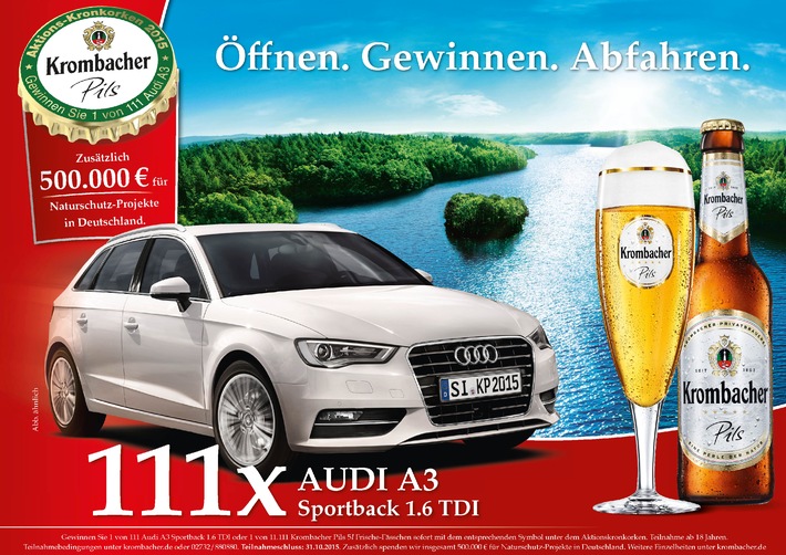 "Öffnen. Gewinnen. Abfahren." - Krombacher Kronkorkenaktion 2015 mit attraktiven 111 Audi A3 Sportback