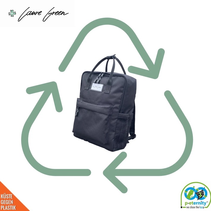 Erster echt nachhaltiger Recycling-Rucksack bei Laure Green / Gebrauchte Rucksäcke wandern vollständig zurück in den Recycling-Kreislauf / 10 EURO pro verkauftem Rucksack gehen an Küste gegen Plastik