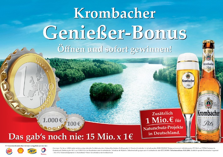 Der Krombacher Genießer-Bonus / Das gab&#039;s noch nie: 15 Mio. x 1 EUR bar auf die Hand