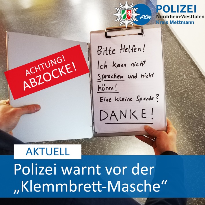POL-ME: Erneute Festnahme nach &quot;Klemmbrett-Masche&quot; - Polizei warnt abermals vor Trickbetrügern! - Langenfeld / Monheim - 2005073