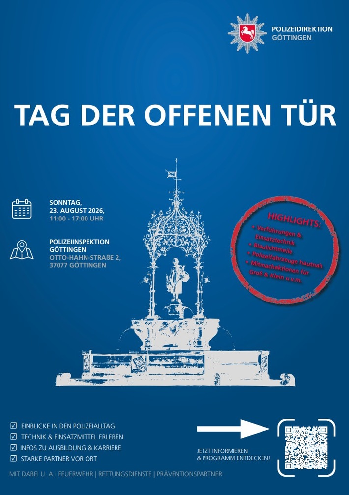 POL-GÖ: (213/2026) Polizei Göttingen lädt zum "Tag der offenen Tür": Hunde, Hubschrauber, Wasserwerfer und noch mehr Spannendes für "große und kleine Gäste" am 23. August in Weende - Terminankündigung!