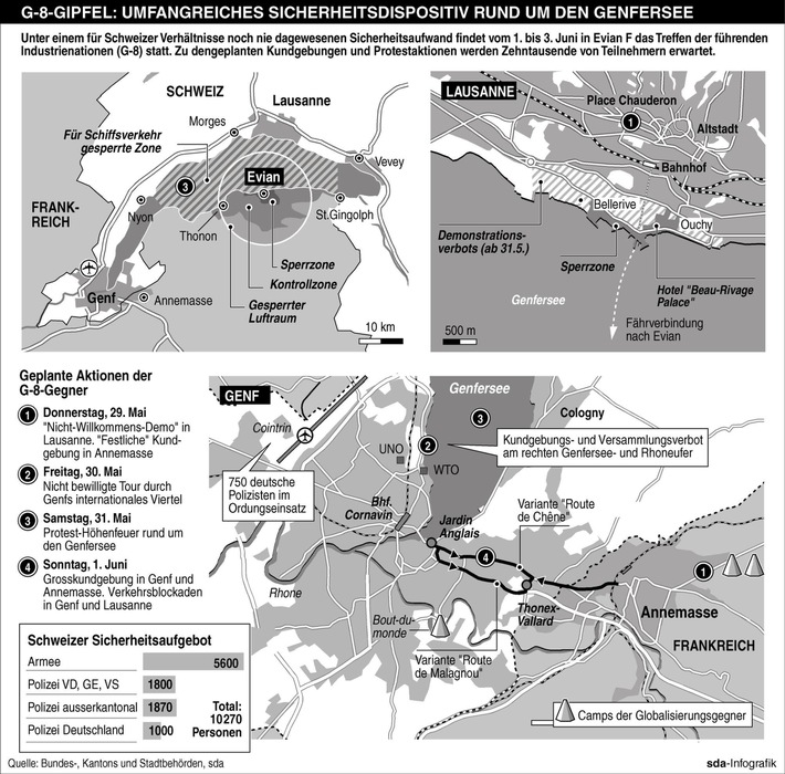 sda-Infografik - G-8-Gipfel: Umfangreiches Sicherheitsdispositiv rund um den Genfersee