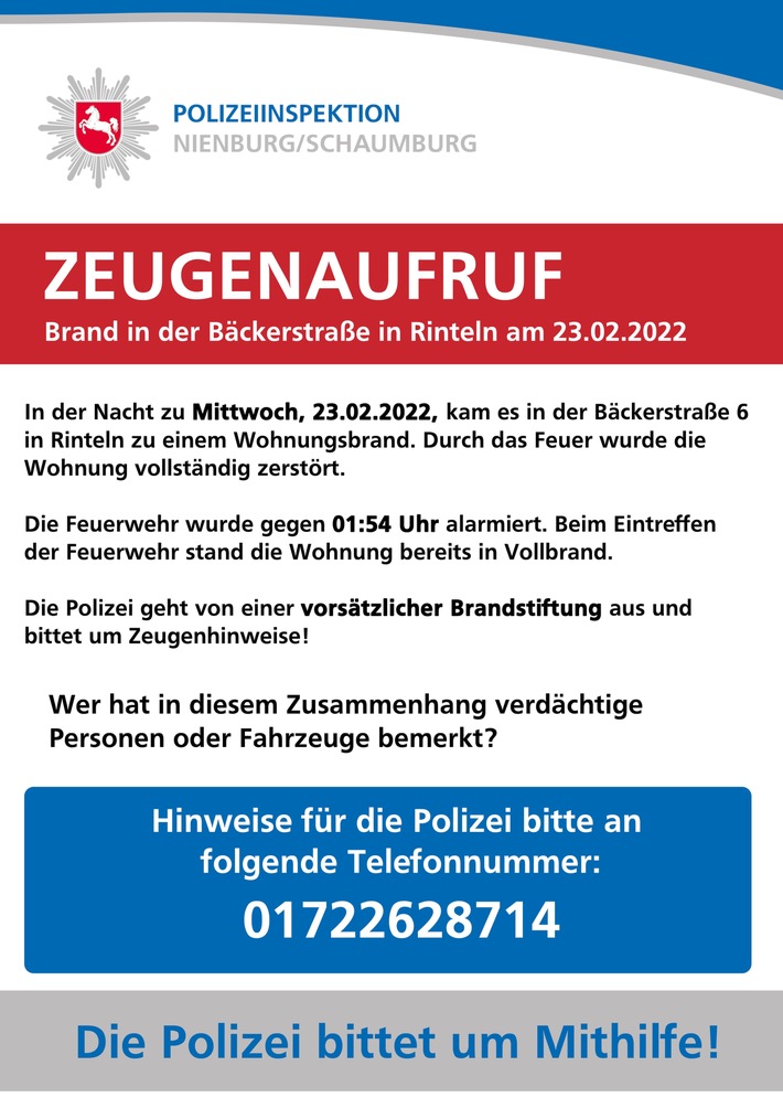 POL-NI: Rinteln - Zeugenaufruf nach vorsätzlicher Brandstiftung in der Bäckerstraße am 23.02.2022