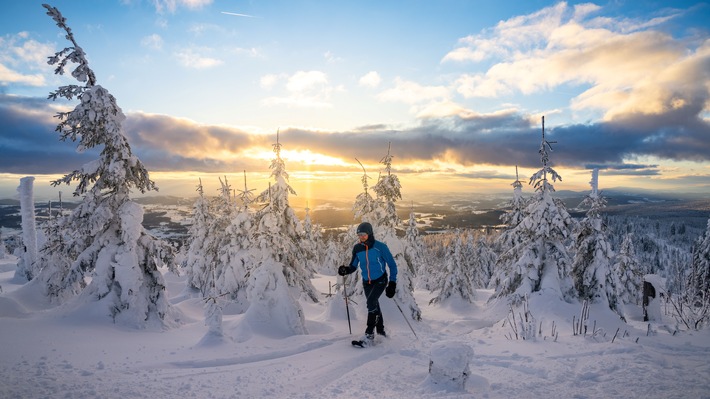 Mit Schneeschuhen unterwegs auf dem Dreisesselberg im Osten Bayerns: Bei Schneeschuhtouren durch den winterlichen Bayerischen Wald erlebt man die Natur eindrücklich und intensiv. Sehr beliebt sind auch geführte Touren. Liegt weniger Schnee, schnürt man die Wanderstiefel. Viele Winterwanderwege eröffnen Weitblicke über die Donauebene oder die typischen Waldwogen des Bayerischen Waldes und Böhmerwaldes. / Weiterer Text über ots und www.presseportal.de/nr/133494 / Die Verwendung dieses Bildes für redaktionelle Zwecke ist unter Beachtung aller mitgeteilten Nutzungsbedingungen zulässig und dann auch honorarfrei. Veröffentlichung ausschließlich mit Bildrechte-Hinweis.