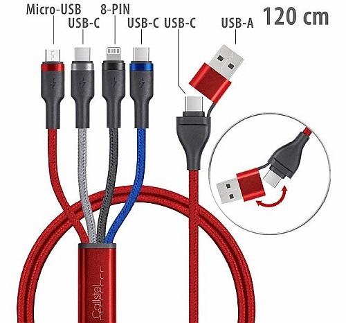 All-in-One 4-Port-Kabel: Callstel 8in1-Lade-/Datenkabel USB-C/A zu USB-C/Micro-USB/Lightning 60 Watt