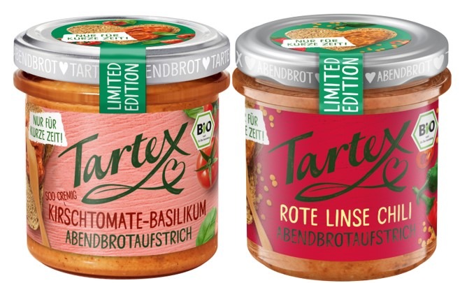 Presseinfo: Neue vegane Tartex Sommersorten 2024 Kirschtomate-Basilikum und Rote Linse Chili