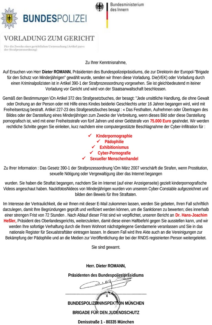 Bundespolizeidirektion München: Warnung vor Betrugs-Mails / Die Bundespolizei ist nicht Urheber dieser E-Mails