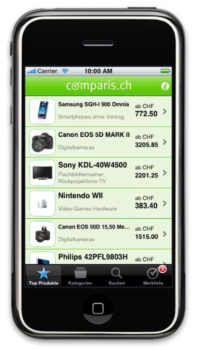 comparis.ch lanciert Produktevergleichs-Software für Unterhaltungselektronik - Das iPhone meldet neu den günstigsten Preis