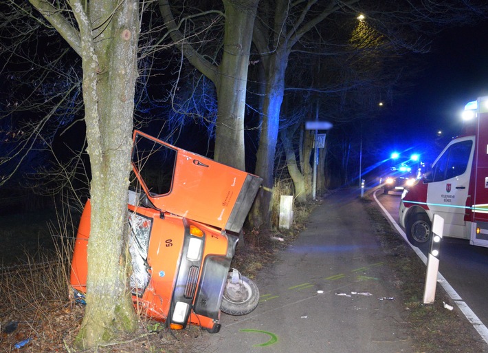 POL-HF: Dreirädriges Kleinkraftrad prallt gegen Baum - Mehrere Verletzte bei Verkehrsunfall