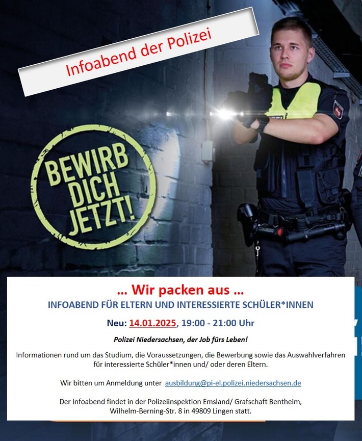 POL-EL: Lingen - Einladung zum Informationsabend über eine Karriere bei der Polizei Niedersachsen