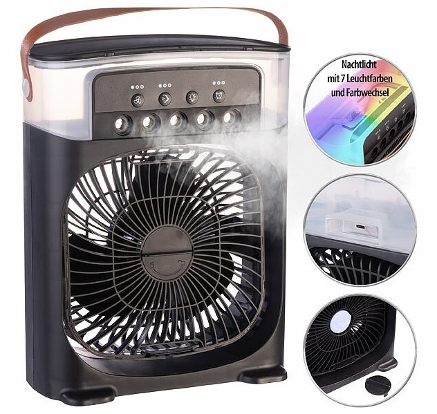Kühle Luft und erfrischender Wassernebel: Sichler Haushaltsgeräte USB-Tischventilator VT-25.T mit Ultraschall-Vernebler, Timer & Nachtlicht