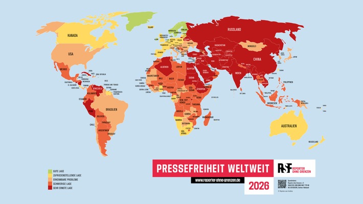 Nur noch ein Prozent der Weltbevölkerung lebt in Ländern mit guter Pressefreiheit: Reporter ohne Grenzen veröffentlicht Rangliste der Pressefreiheit 2026