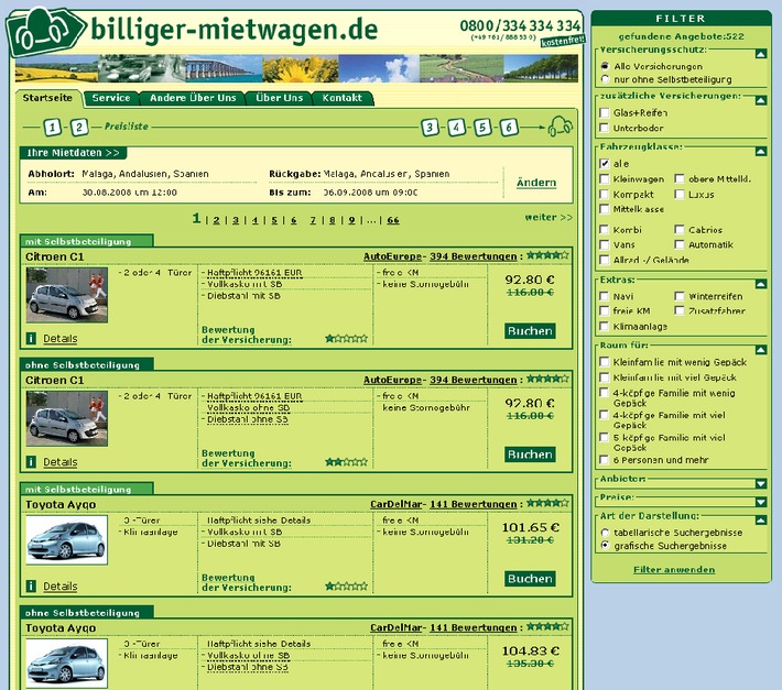 Neue Buchungsmaschine von billiger-mietwagen.de - mehr Überblick bei der Auswahl von Mietwagen
