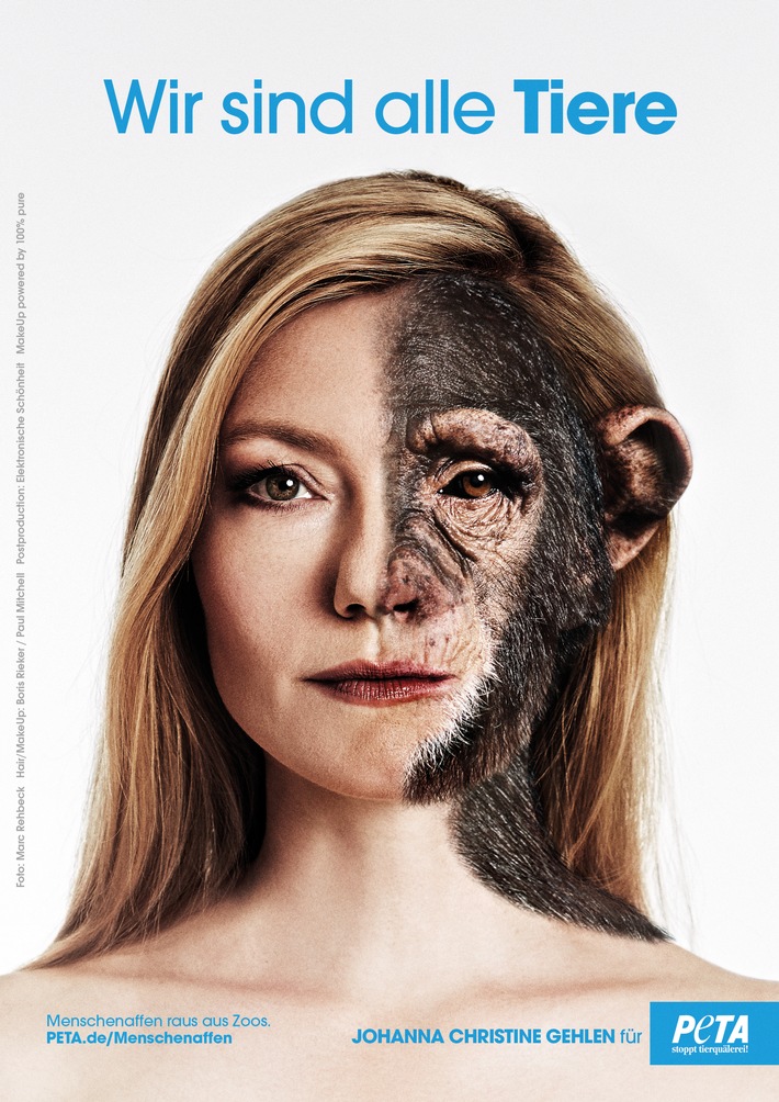 Neues PETA-Motiv: Johanna Christine Gehlen fordert als lebensechte Schimpansin: &#039;Menschenaffen raus aus Zoos!&#039;