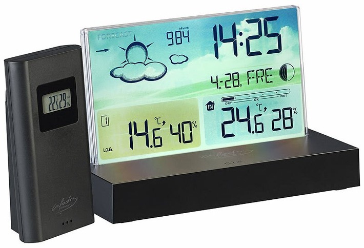 infactory Funk-Wetterstation FWS-670 mit rahmenlosem LCD-Display, Außensensor, Funk-Uhr: Das Multitalent mit rahmenlosem Design