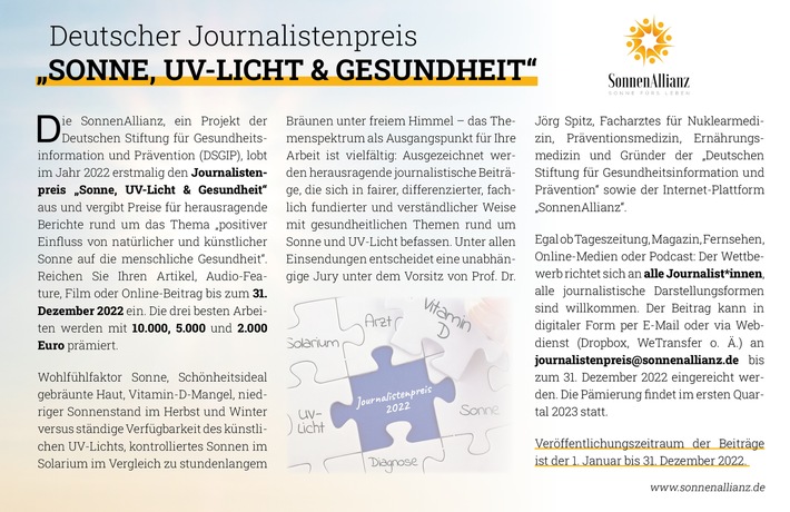 Die SonnenAllianz ruft den deutschen Journalistenpreis zum Thema &quot;Sonne, UV-Licht &amp; Gesundheit&quot; ins Leben