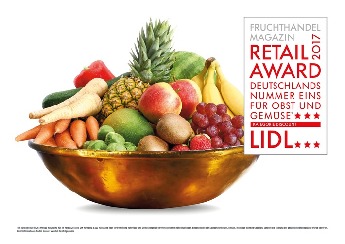 Bestes Obst und Gemüse: Verbraucher küren Lidl zum Sieger / Lidl gewinnt zum wiederholten Mal den 1. Platz beim &quot;Fruchthandel Magazin Retail Award&quot;