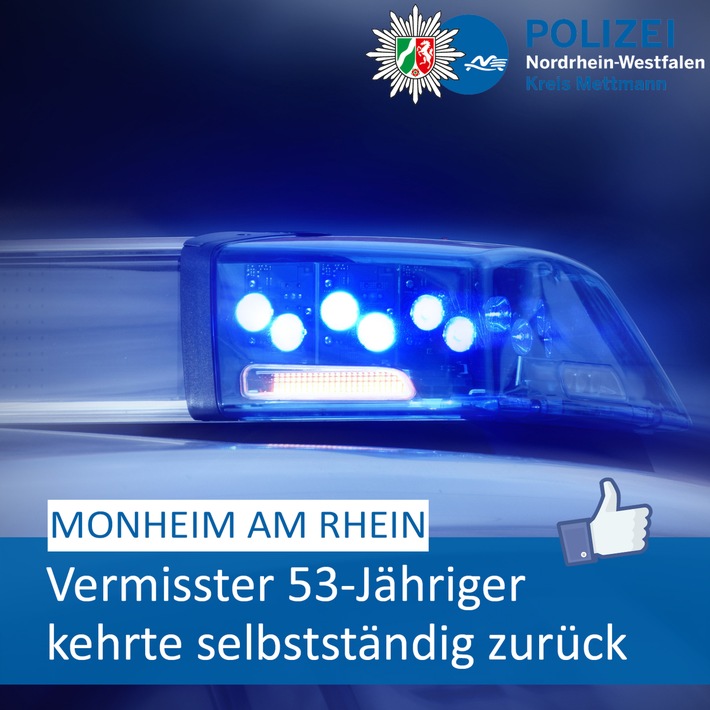 POL-ME: Vermisster 53-Jähriger wohlbehalten zurückgekehrt - Monheim am Rhein - 2301107