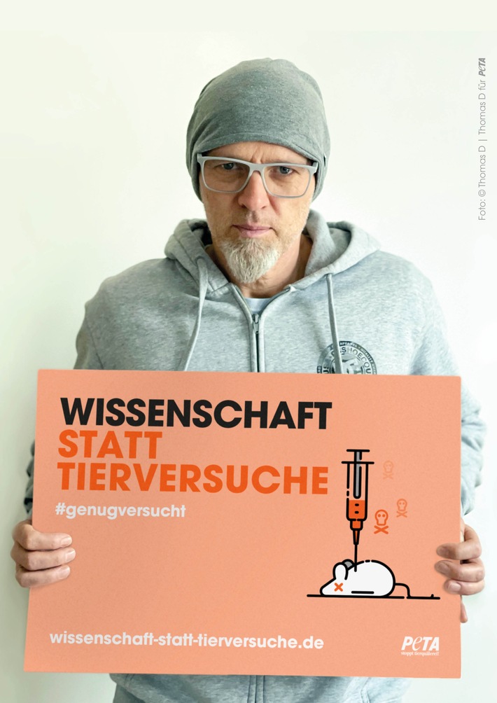 Thomas D on Air: Neuer Radiospot, Motiv und Interview gegen Tierversuche - Rapper unterstützt PETAs Kampagne zum "Research Modernisation Deal"