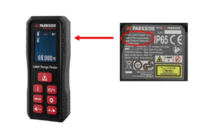 Die OWIM GmbH & Co. KG warnt vor der weiteren Verwendung des Produktes "Laser-Entfernungsmesser" der Marke "Parkside" mit der IAN 470757_2407