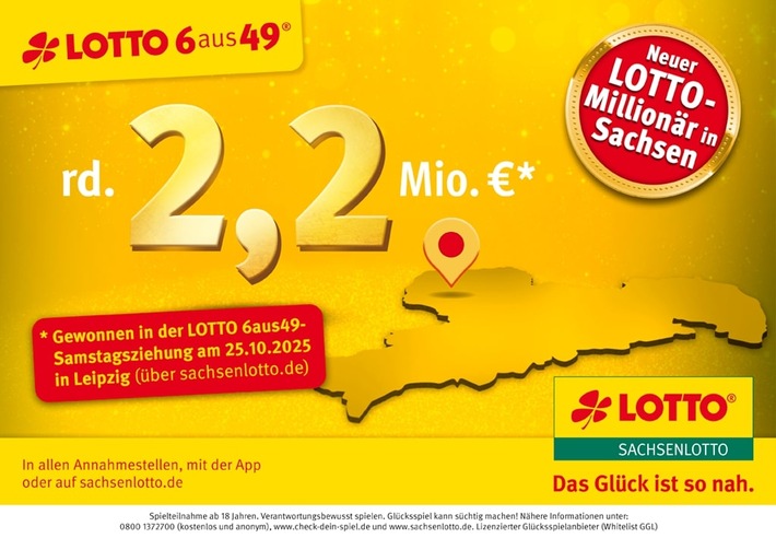 Fünfter SACHSENLOTTO-Millionär: 2.234.308,50 Euro für den „Sechser im LOTTO“