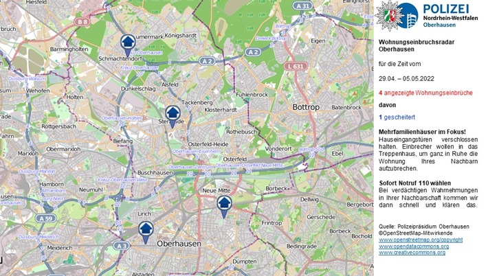 POL-OB: Wohnungseinbruchsradar für Oberhausen - Wieder Mehrfamilienhäuser betroffen