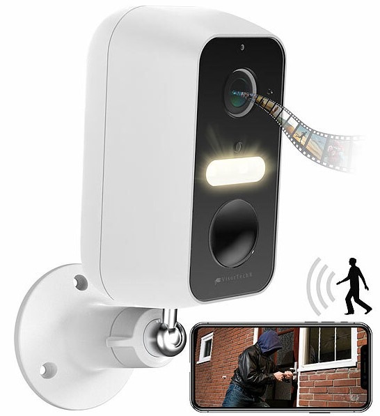 Das Zuhause auch von unterwegs immer im Blick: VisorTech Akku-Outdoor-IP-Überwachungskamera IPC-660 mit 2K-Auflösung, WLAN, App, IP65