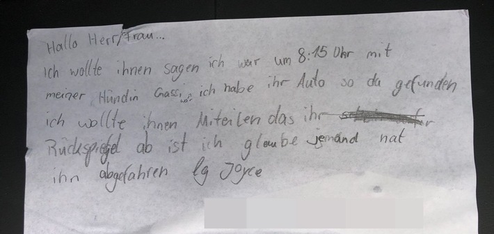 POL-COE: Ascheberg, Rheinsbergring/ Elfjährige entdeckt beschädigtes Auto und macht sich auf die Suche nach der Halterin