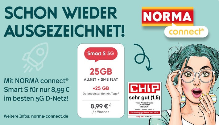 "Sehr gut" im großen CHIP-Test: NORMA Connect "Smart S" punktet erneut mit Top-Platzierung / Riesiges Datenvolumen, modernes Netz und volle Kostenkontrolle