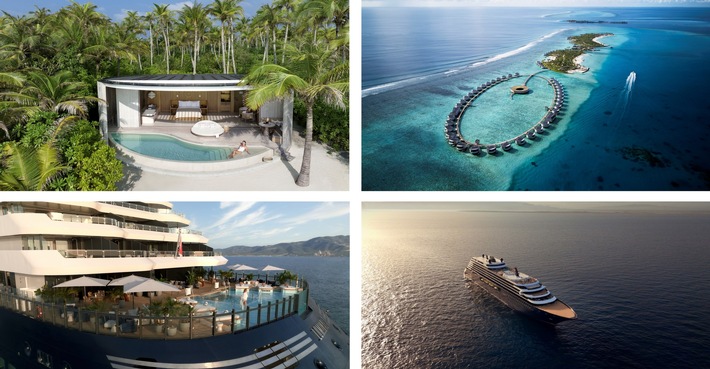 Die neue Superyacht „Luminara“ der The Ritz-Carlton Yacht Collection ankert vor dem The Ritz-Carlton Maldives, Fari Islands