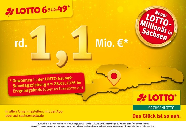 Erster Sachsenlotto-Millionär 2026 kommt aus dem Erzgebirge: 1,1 Mio. Euro bei LOTTO 6aus49 gewonnen