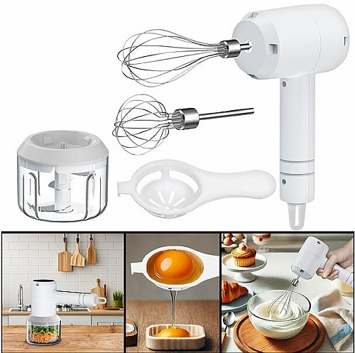 Vielseitig, kompakt und kabellos: Rosenstein & Söhne 3in1-Akku-Handmixer, Zerkleinerer und Schneebesen, USB, 20 Watt