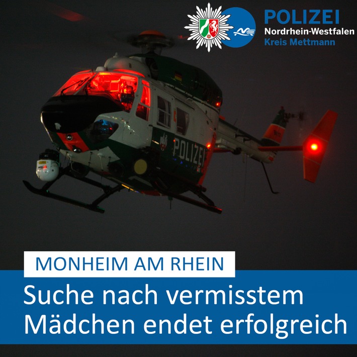 POL-ME: Einsatz mit Polizeihubschrauber: Suche nach vermisstem Kind endet erfolgreich - Monheim am Rhein - 2310105