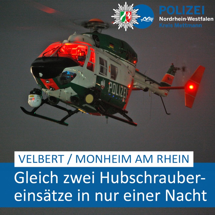 POL-ME: "Doppelter Hubschraubereinsatz": Polizei suchte nach vermisstem Jungen und fasste mutmaßliche Kabeldiebe - Velbert / Monheim am Rhein - 2304054