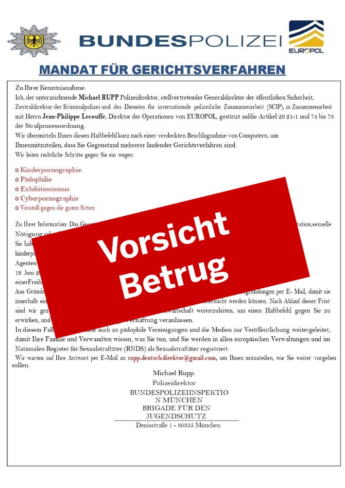 POL-GT: ACHTUNG Betrug! Polizei Gütersloh warnt vor gefälschten Mails im Namen der Bundespolizei