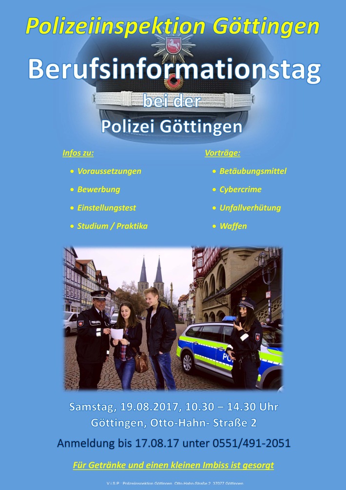 POL-GÖ: (476/2017) Berufsinformationstag bei der Polizeiinspektion Göttingen am kommenden Samstag - Vorbeikommen, sich informieren und bewerben!