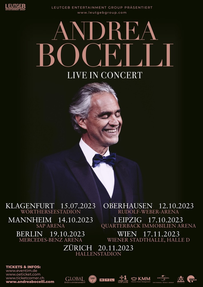Der wohl beliebteste Tenor der Welt, Andrea Bocelli, kommt 2023 für 7 Konzerte nach Österreich, Deutschland und die Schweiz