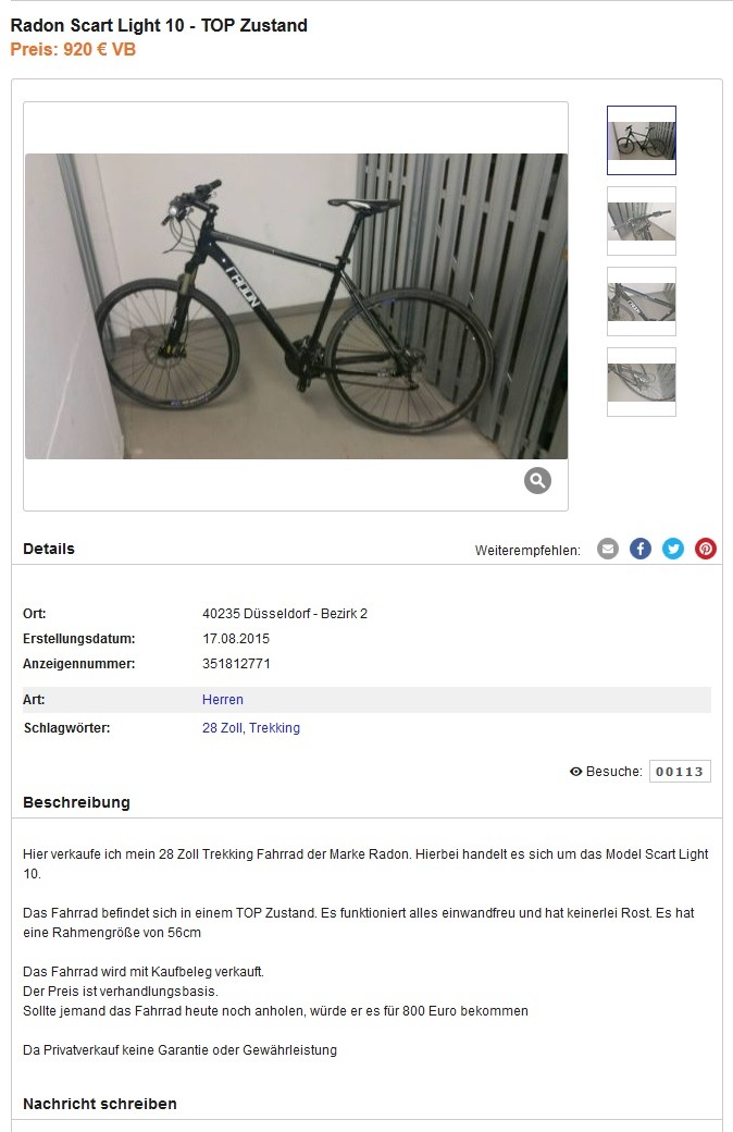 POL-D: Düsseltal - Gestohlene Räder im Internet zum Kauf angeboten - Polizei überführt Intensivtäter - Festnahme (Kleinanzeige als Datei angefügt)