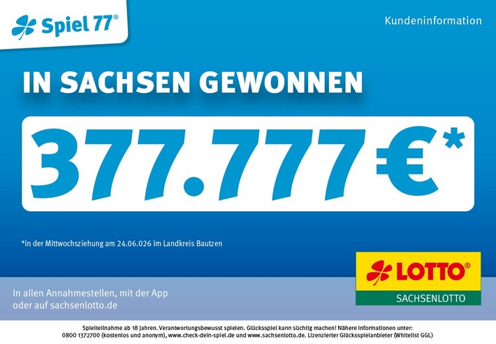 Spiel 77-Jackpot geknackt – 377.777 Euro gehen in den Landkreis Bautzen