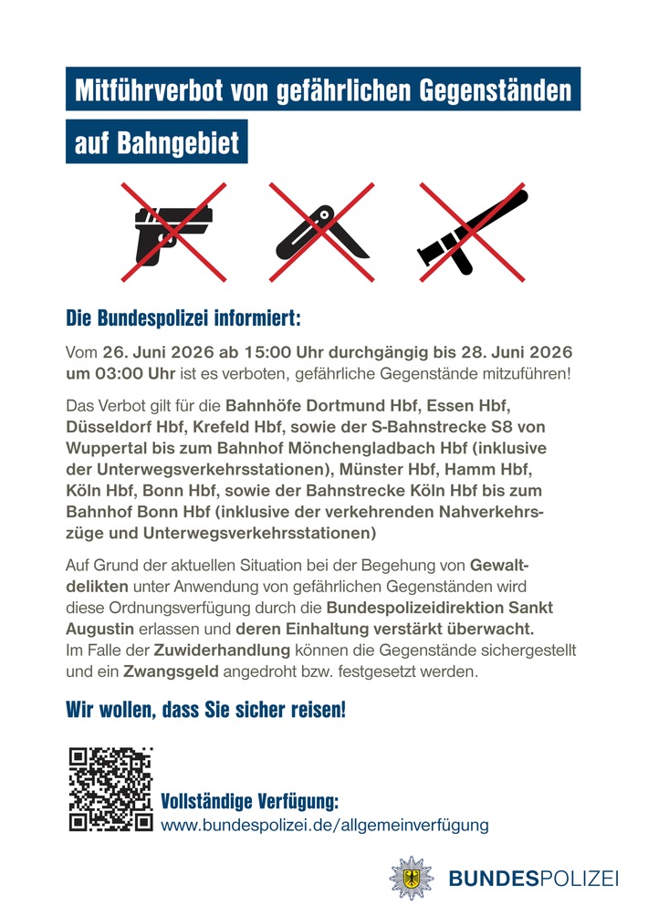 BPOL NRW: Sicherheit an Bahnhöfen Bundespolizei im Einsatz gegen Gewaltkriminalität Allgemeinverfügung zum Mitführverbot von gefährlichen Gegenständen an zahlreichen Bahnhöfen in NRW