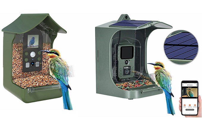 Vögel füttern und dabei filmen, auch im Dunkeln - Zwei Futterhäuschen von VisorTech: mit Solarpanel und WLAN-Full-HD-Kamera sowie mit Full-HD-Kamera, PIR-Sensor &amp; Nachtsicht