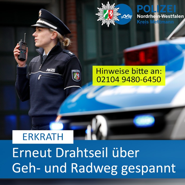 POL-ME: Erneut Draht über Rad- und Gehweg gespannt: Polizei ermittelt - Erkrath - 2412068