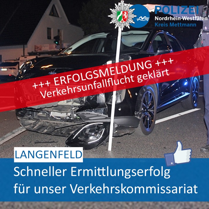 POL-ME: Unfallflucht geklärt: Schneller Ermittlungserfolg für Langenfelder Verkehrskommissariat - Langenfeld - 2310022
