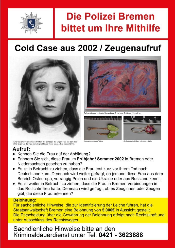 POL-HB: Nr.: 0478--Bremer &quot;Cold-Case&quot; bei Aktenzeichen XY - Wer kennt die unbekannte Tote aus der Weser?--